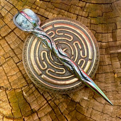 Crystal Burin With Rainbow Moonstone Rippled Vine Twist