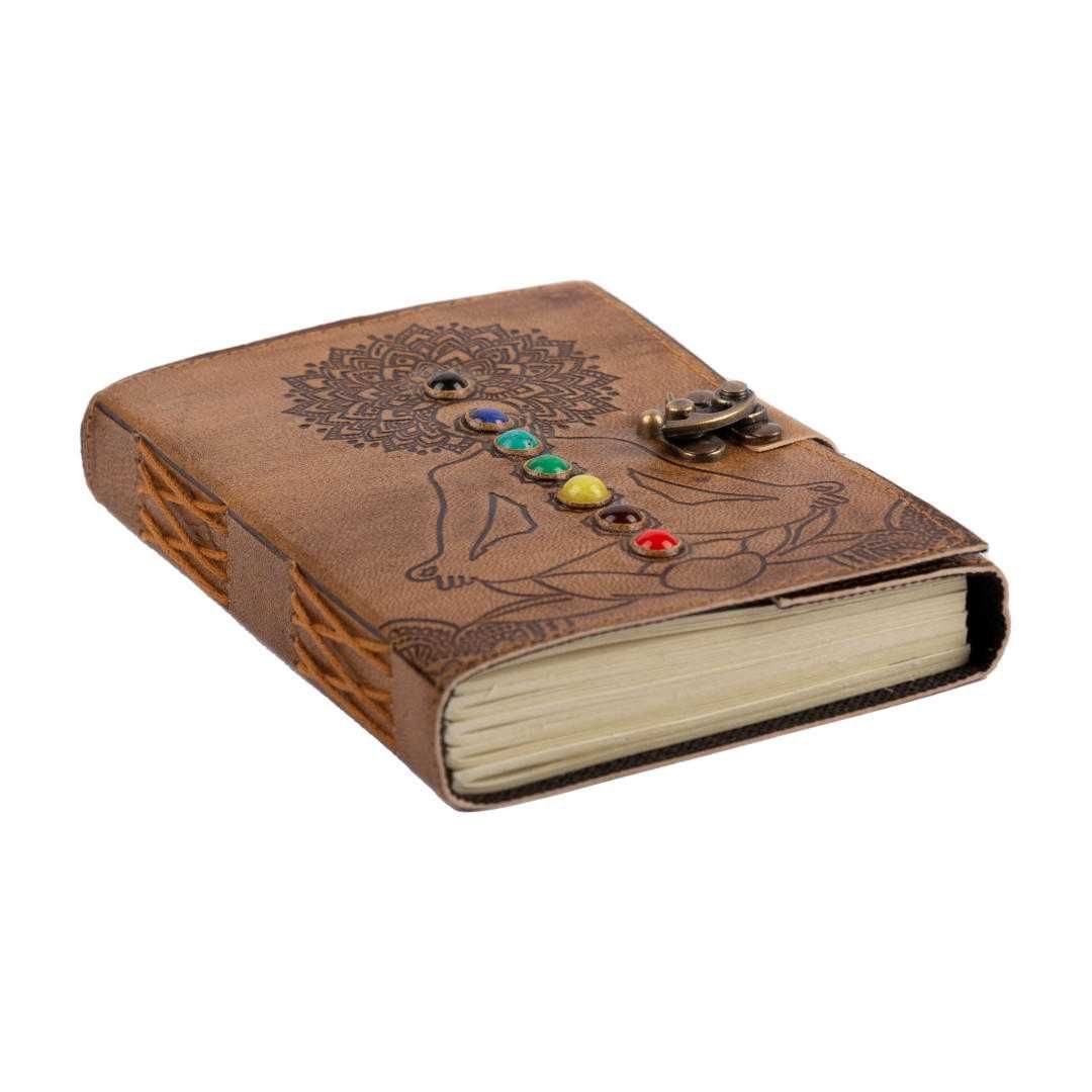 Leather Journal Meditation Lotus Position &amp; Flower with 7 Torso Chakras