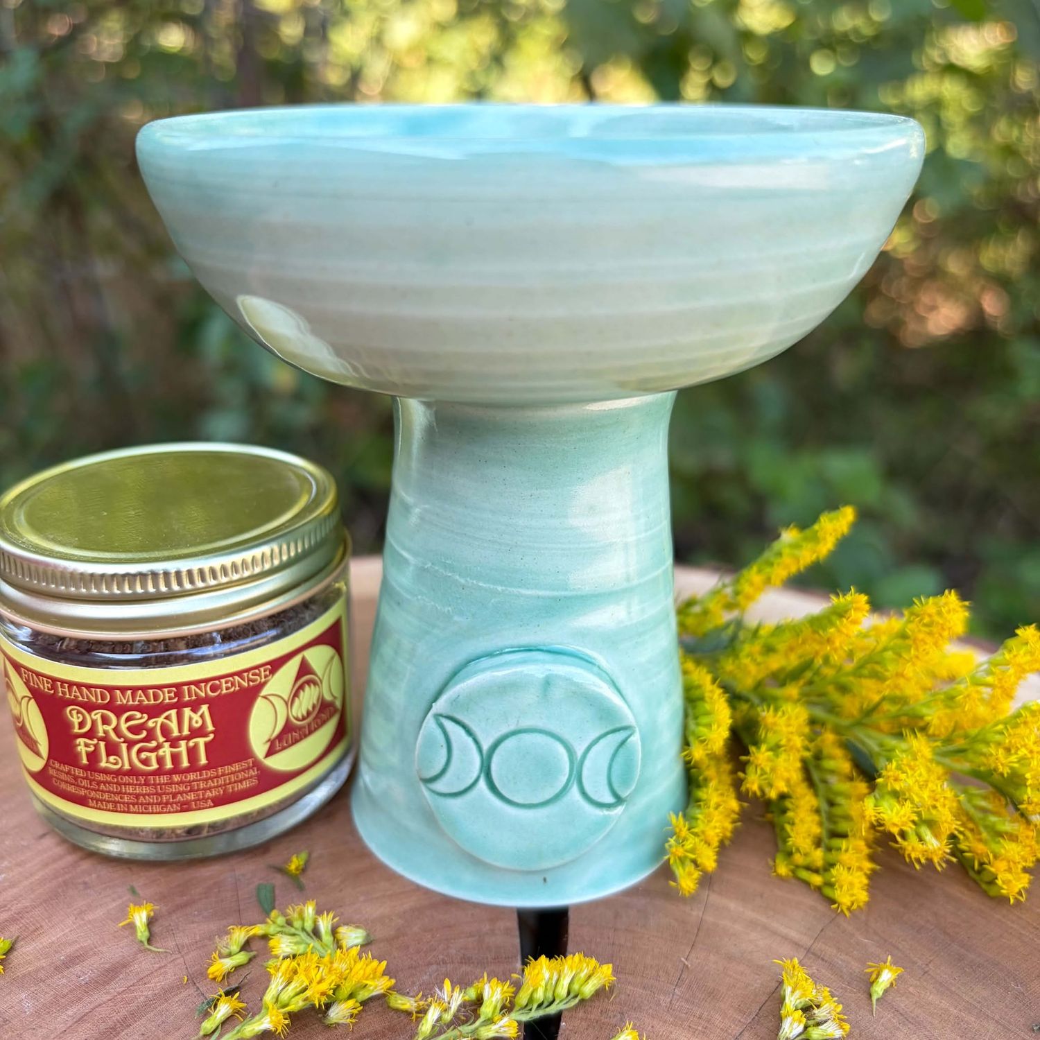 Luna Ignis Ceramic Incense Burner Pale Green Triple Moon