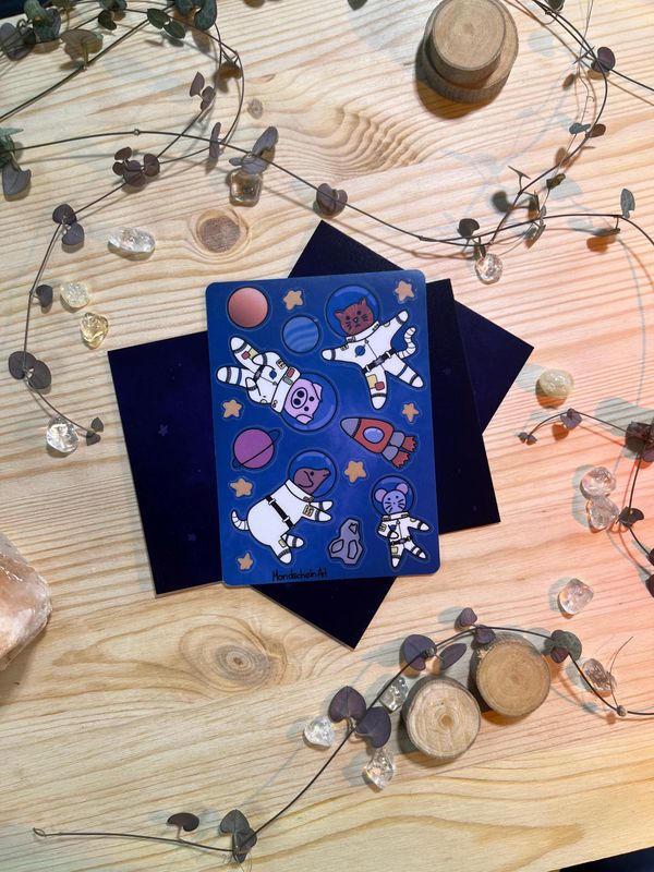 DIY Postkartenset + Stickersheet - Tiere im Space