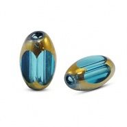 Ovale glaskralen facet Blue transparent-gold 6x2,5mm , 10 stuks