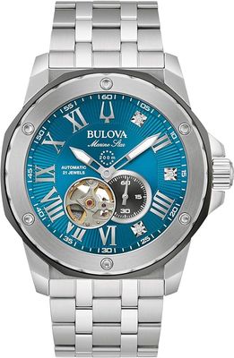 Bulova Marc Anthony Men&#39;s Automatic Marine Star Stainless Steel Watch,Open Aperture,Exhibition Case Back,Diamond Accent Blue Sunray Dial, (Model:98D184)