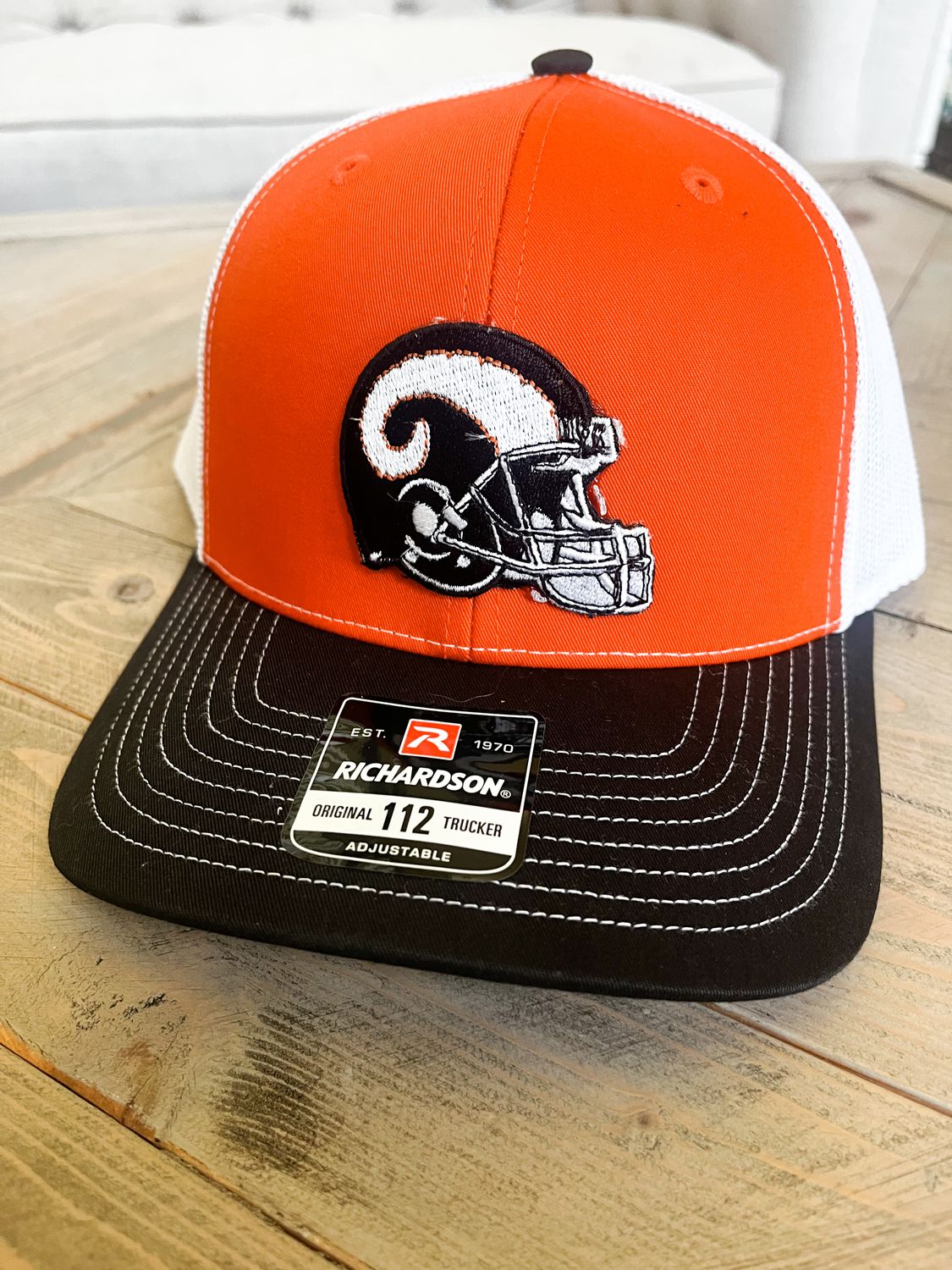 Tri-color SnapBack Orange, White &amp; Black Ram Football Helmet Hat
