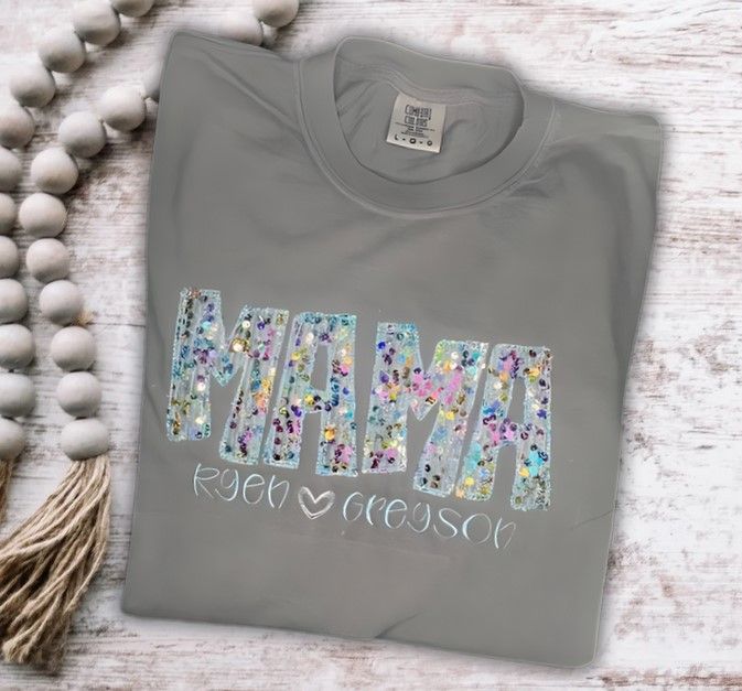 Embroidered Comfort Colors BLUE Sequin Mama Shirts