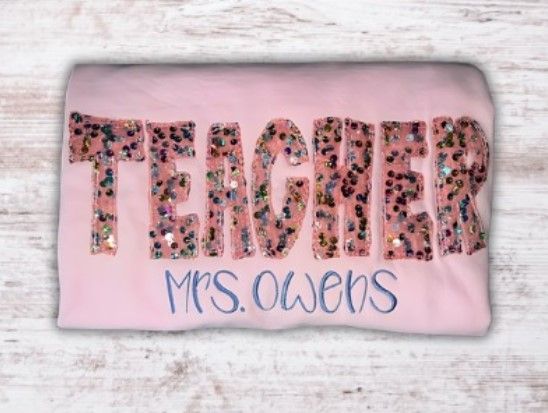 Teacher Embroidered PINK Multicolor Sequin T-Shirt