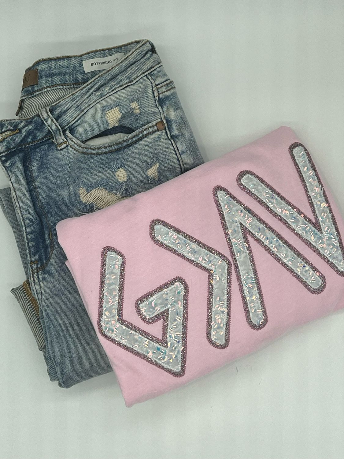 Embroidered God Is Greater Comfort Colors T-Shirt WHITE Sequin Fabric with PINK Vinyl