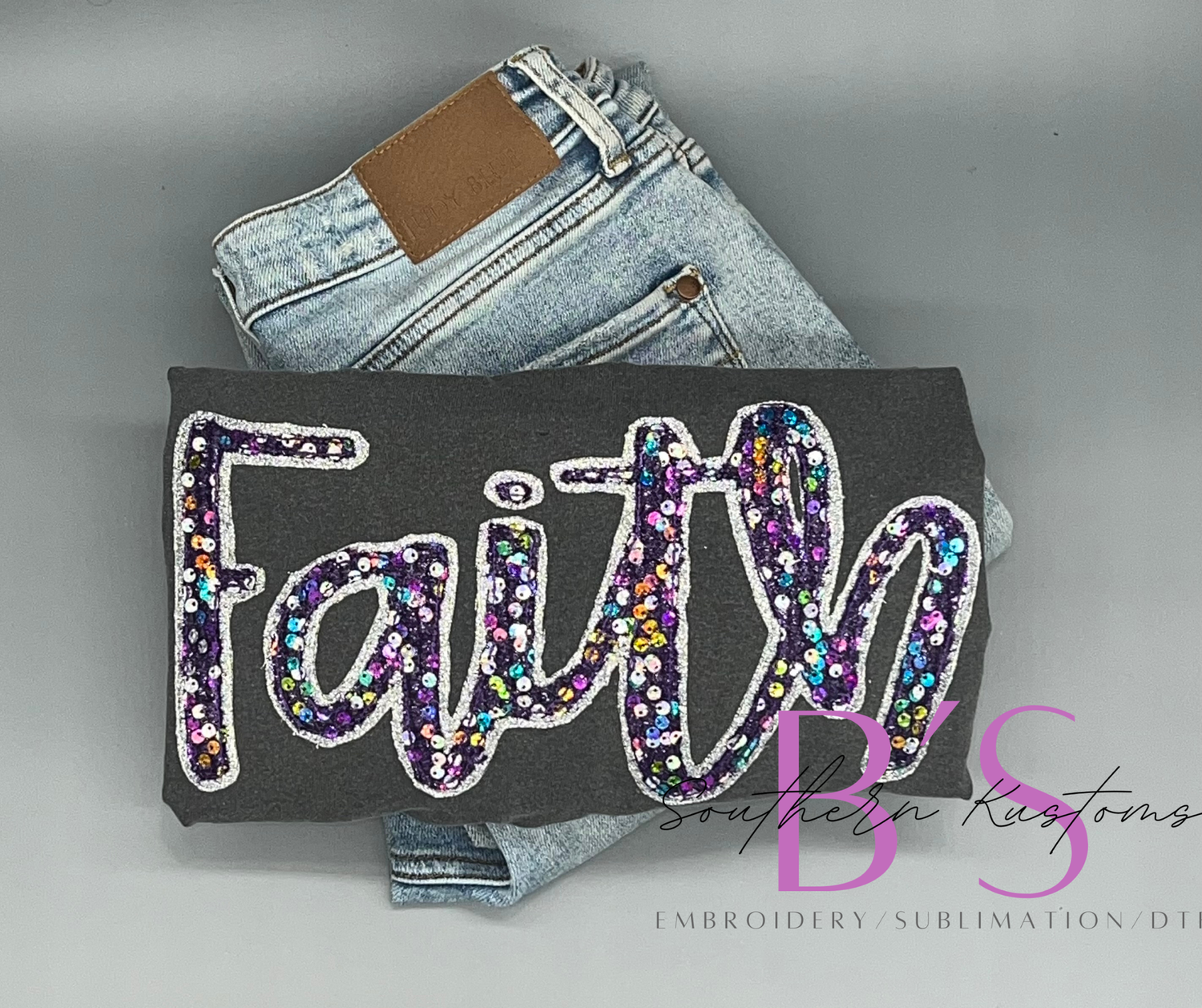 Embroidered Pepper Comfort Colors FAITH Long Sleeve T-Shirt PURPLE Multi-Sequin