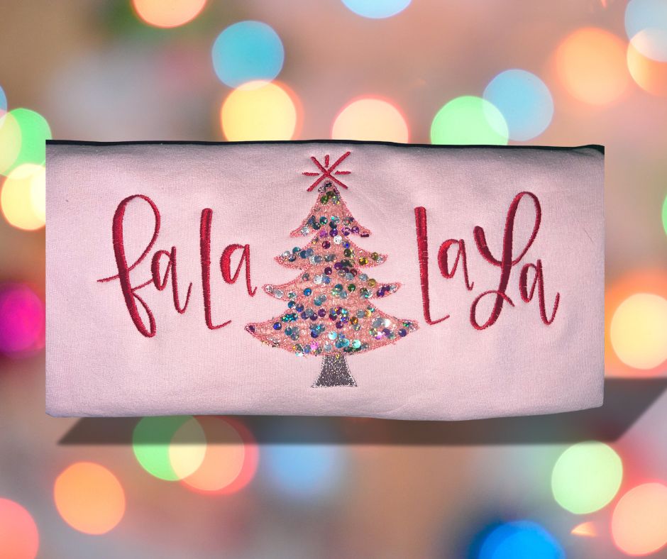 Light Pink Christmas Sweatshirt with Sequin Tree Embroidery - Festive FaLaLa Design