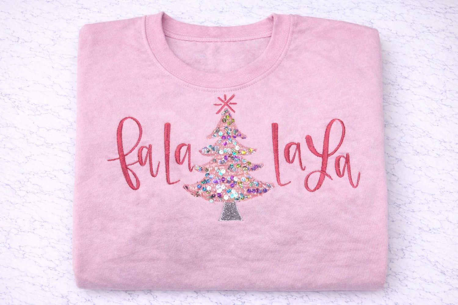 Light Pink Christmas Sweatshirt with Sequin Tree Embroidery - Festive FaLaLa Design
