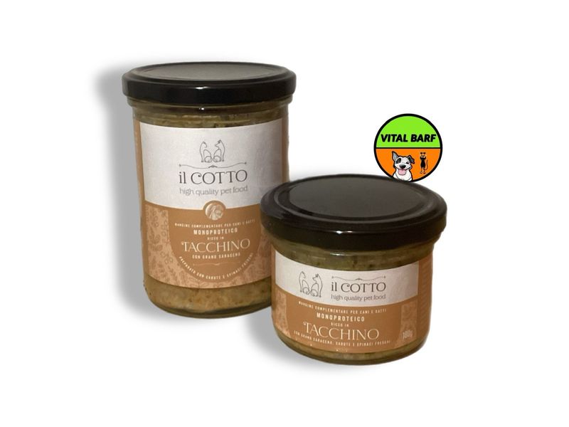 Monoproteico ricco in Tacchino con Grano Saraceno - Mangime Complementare per Cani e Gatti - grammi 380