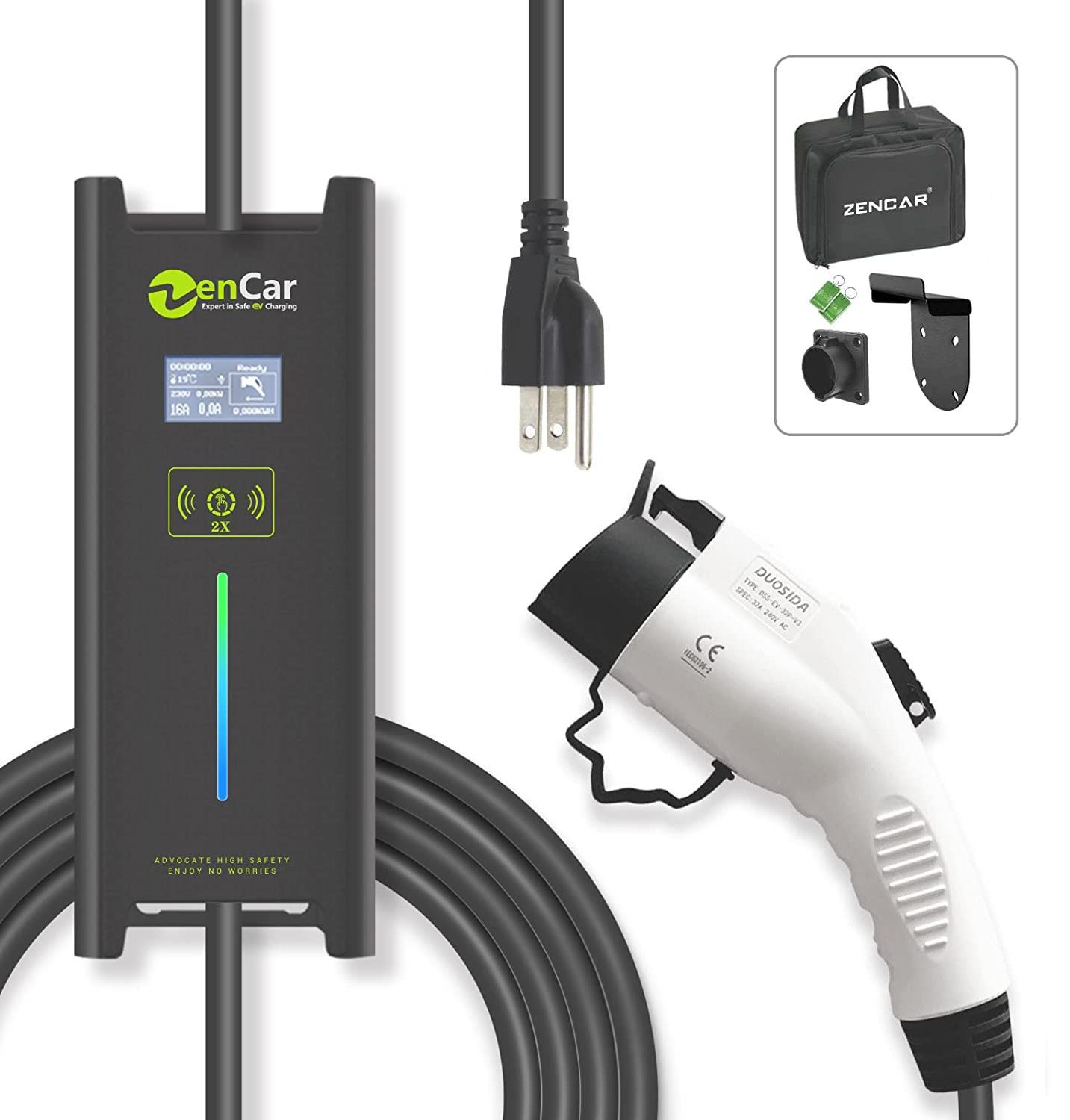 ZenCar 6-16A 120V Level 1 Adjustable EV Charger EVSE with Timer and Wall Mount, Condition: New