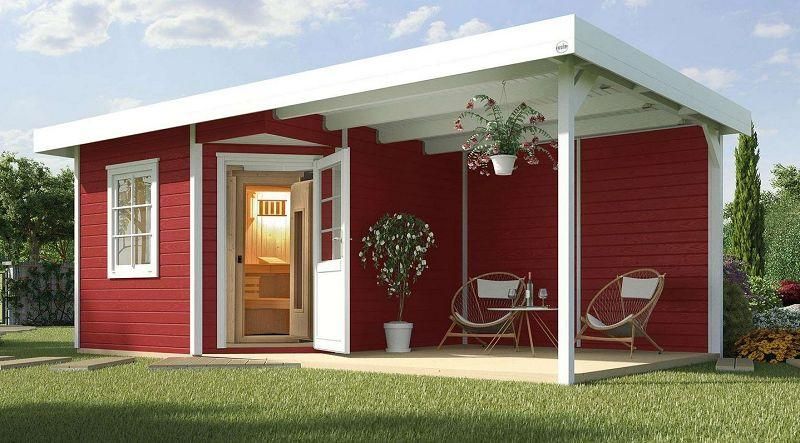 weka Saunahaus 28 mm SALO 2 schwedenrot/weiss mit Lounge 300 cm