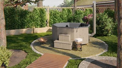 High-quality Hottub Deluxe Octa with wood stove, LED lighting, and stereo system, ideal for Swiss gardens and year-round use