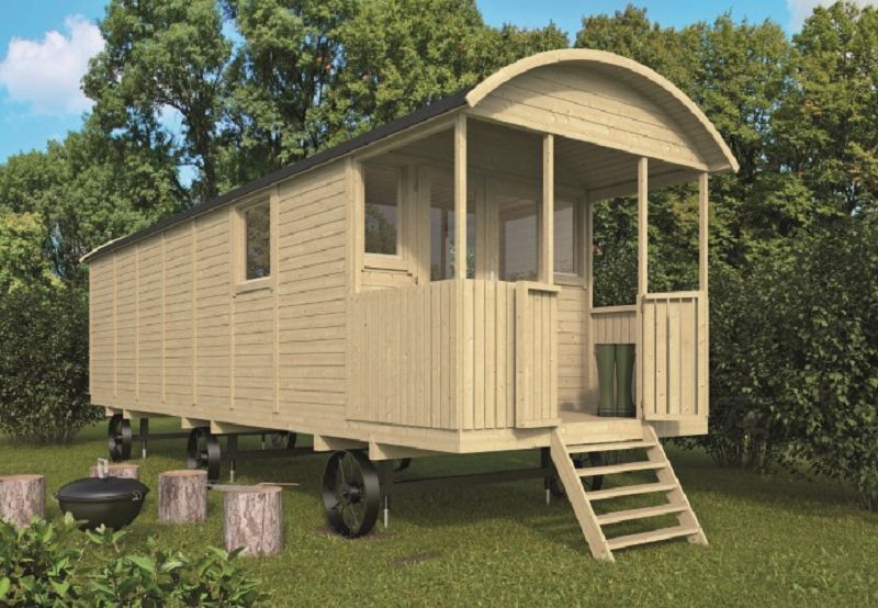 Gartenhaus Vorgefertigter Bauwagen Kathleen Zirkuswagen mit VORDEREINGANG 19mm 720cm x 240cm