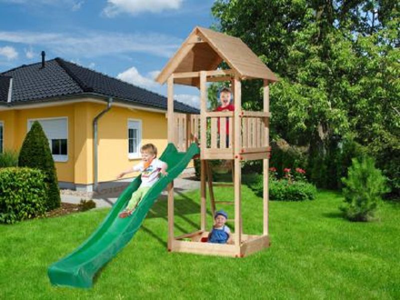 100 x 374cm Tabaluga Drachenturm mit Satteldach, natur, Sparset inkl. Wellenwasserrutsche