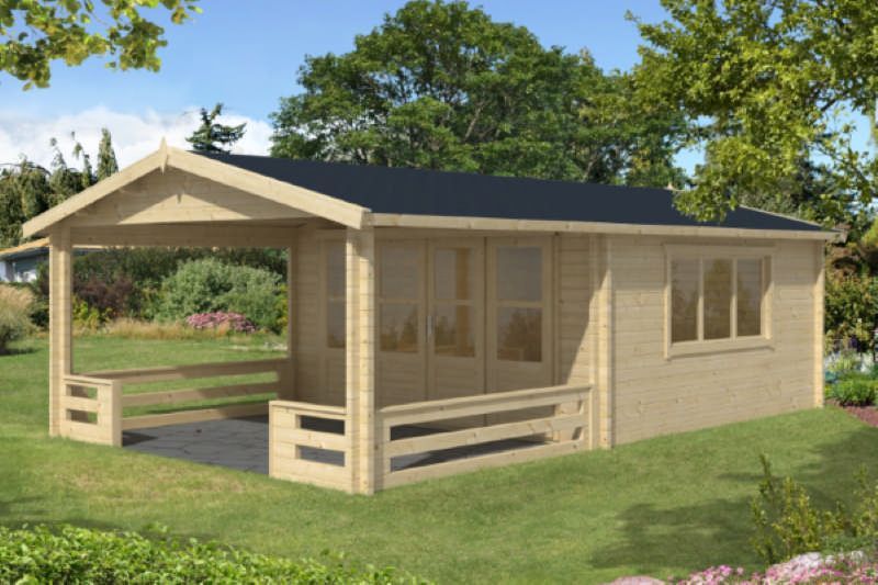 Gartenhaus Blockhütte Leeds Isolierverglast Vordach 300 58mm 440cm x 440cm