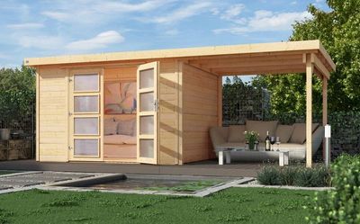 weka Gartenhaus 321 B Gr. 1, natur, 19 mm, Doppeltür Milchglas, Anbau 230 cm, 428 x 194cm