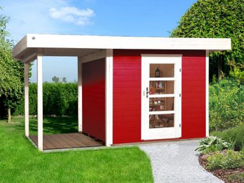 weka Designhaus 172 A Gr.2, schwedenrot, 28 mm, Einzeltür, Anbau 150 cm, ohne RW, 385 x 300cm