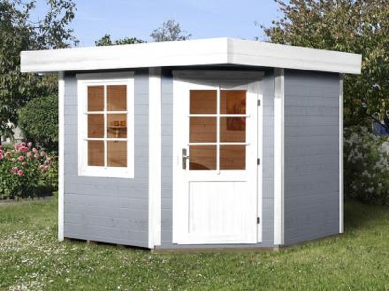 298 x 298cm  Gartenhaus 213 Gr.2, 5-Eck, grau, 28 mm, Einzeltür, Fenster