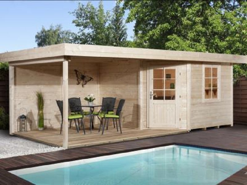 593 x 298cm  Gartenhaus 213 B Gr.2, 5-Eck, natur, 28 mm, Einzeltür, Fenster, Anbau 300 cm