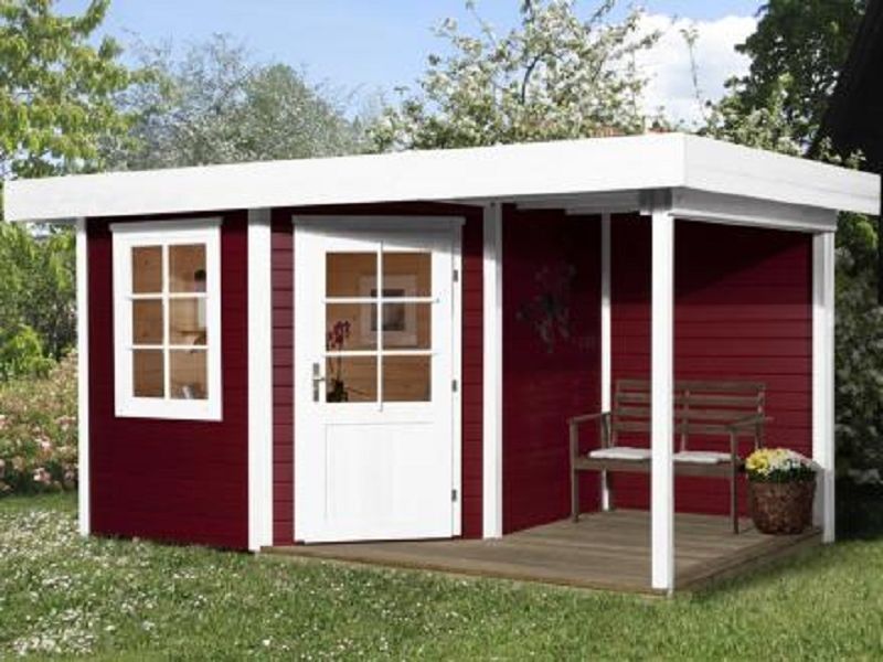 456 x 298cm  Gartenhaus 213 A Gr.2, 5-Eck, schwedenrot, 28 mm, Einzeltür, Fenster, Anbau 150 cm