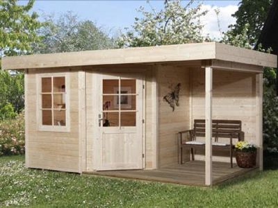 396 x 238cm  Gartenhaus 213 A Gr.1, 5-Eck, natur, 28 mm, Einzeltür, Fenster, Anbau 150 cm