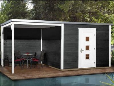 596 x 300cm  Gartenhaus        Line 413 B Gr.2, anthrazit, 45 mm, Einzeltür, Anbau 300 cm