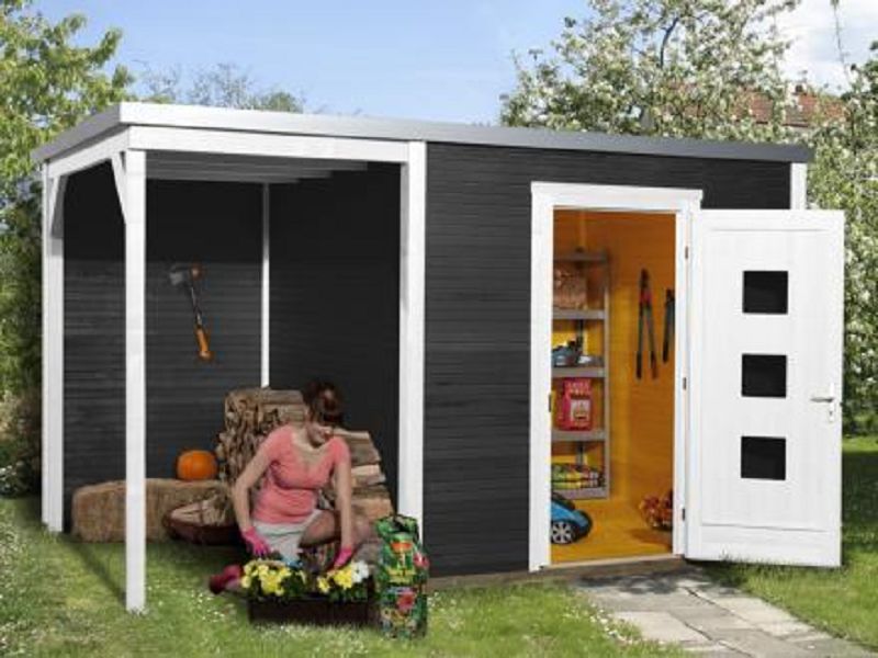 400 x 250cm  Gartenhaus        Line 413 A Gr.1, anthrazit, 45 mm, Einzeltür, Anbau 150 cm