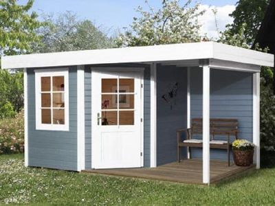 456 x 298cm  Gartenhaus 213 A Gr.2, 5-Eck, grau, 28 mm, Einzeltür, Fenster, Anbau 150 cm