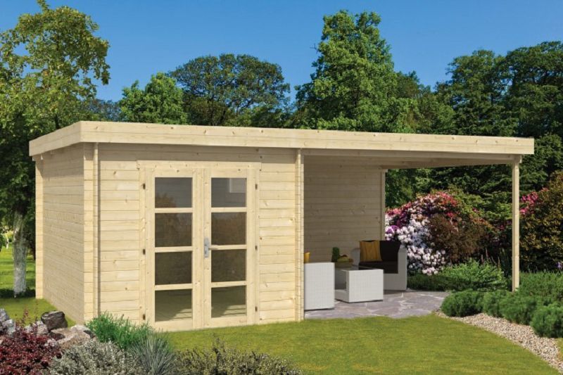 Gartenhaus Blockhütte Diederik + Schleppdach 28mm 375cm x 650cm