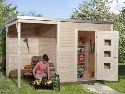 450 x 300cm  Gartenhaus        Line 413 A Gr.2, natur, 45 mm, Einzeltür, Anbau 150 cm