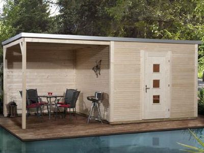 596 x 300cm  Gartenhaus        Line 413 B Gr.2, natur, 45 mm, Einzeltür, Anbau 300 cm