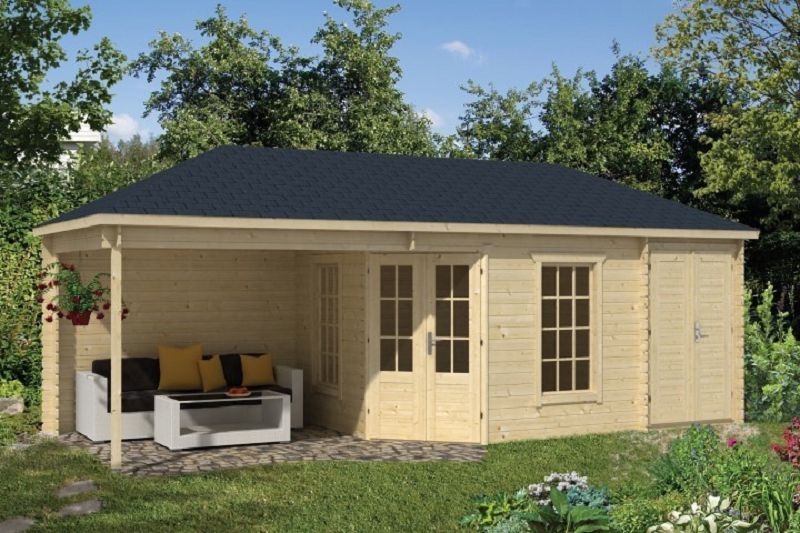 Gartenhaus Blockhütte Olson + Anbau + Schleppdach 45mm 300cm x 714cm