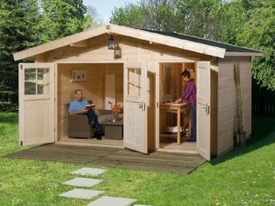400 x 235cm  Gartenhaus 261 Gr.1, 28 mm, Doppeltür, Nebenraum m. Einzeltür, mit 2. Raum