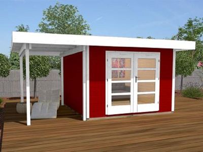 weka Designhaus 126 A Gr.1, schwedenrot, 28 mm, Doppeltür, Anbau 150 cm, ohne RW, 445 x 240cm