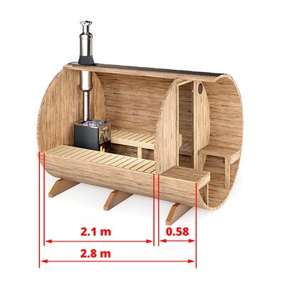 Maße der Fasssauna Ø2m/Ø2,2m: Länge 2,8m, Breite 2m/2,2m, Höhe 2,1m/2,3m, passend für 4 Personen