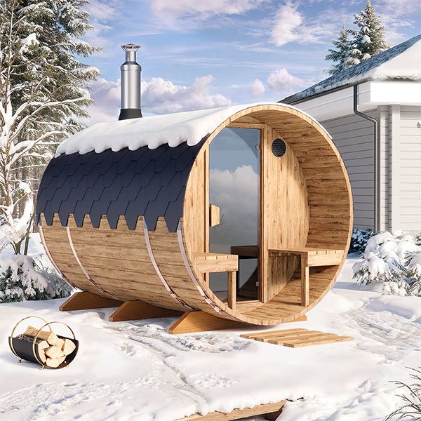 Front view of the barrel sauna Ø2m/Ø2.2m for 4 people with thermowood benches and glass door.