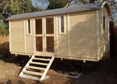 Gartenhaus Vorgefertigter Bauwagen Patricia , Zirkuswagen mit SEITENEINGANG 19mm 480cm x 240cm