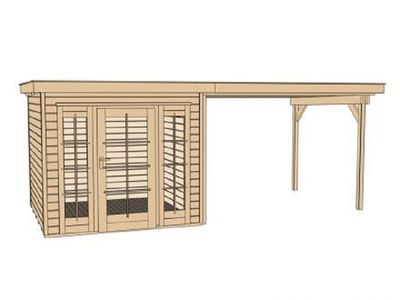 590 x 299cm Gartenhaus Panorama 172 Gr.2, 21 mm, E-Glastür, 2 FP, Anbau 300 cm