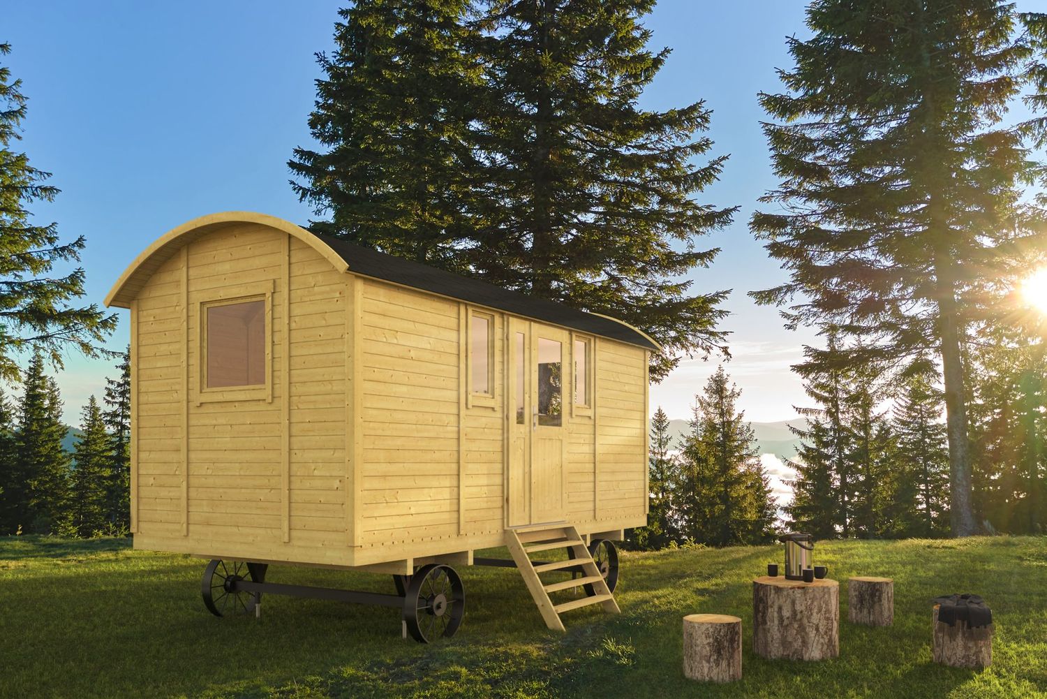 Gartenhaus Vorgefertigter Bauwagen Patricia , Zirkuswagen mit SEITENEINGANG 19mm 480cm x 240cm