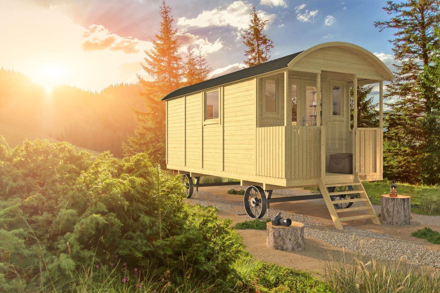 Gartenhaus Vorgefertigter Bauwagen Kathy Zirkuswagen mit VORDEREINGANG 19mm 500cm x 240cm