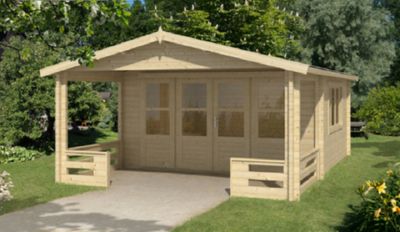 Gartenhaus Blockhütte Ipswich Vordach 200cm Isolierverglast 58mm 440cm x 440cm