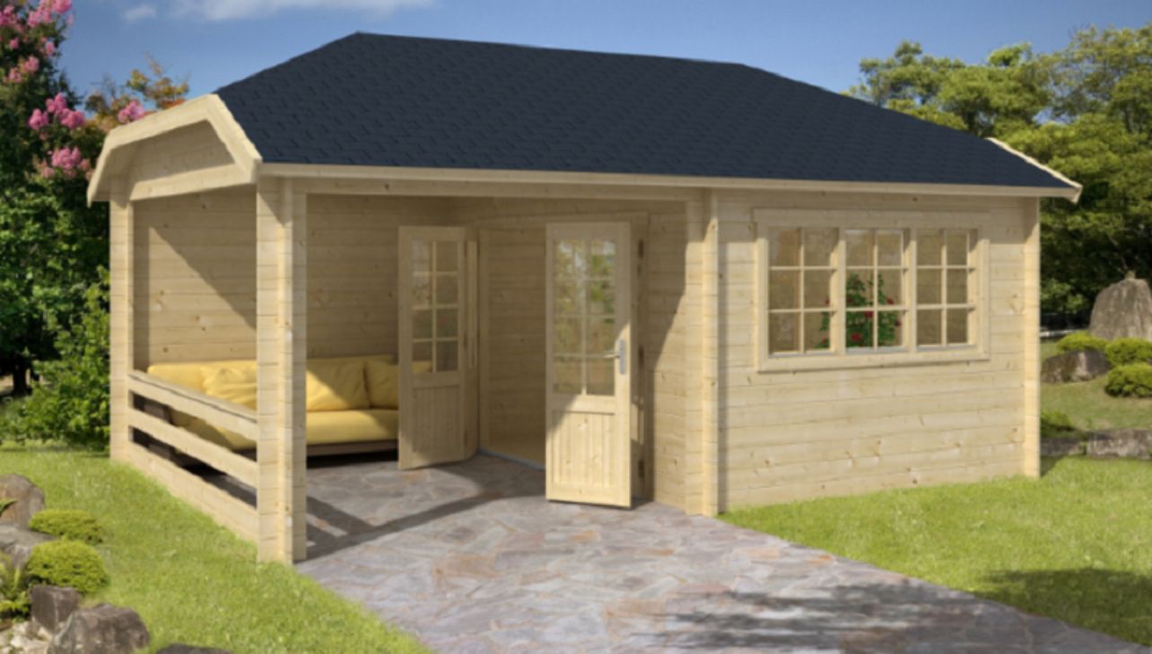 Gartenhaus Blockhütte Vigdis mit Vordach Isolierverglast 280 cm 45mm 320cm x 420cm