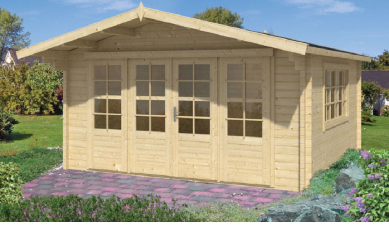 Gartenhaus Blockhütte Blackpool Vordach 90 58mm Isolierberglast 340cm x 440cm
