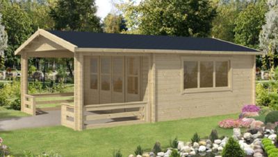 Gartenhaus Blockhütte Bolton Vordach 200 Isolierverglast 58mm 340cm x 440cm