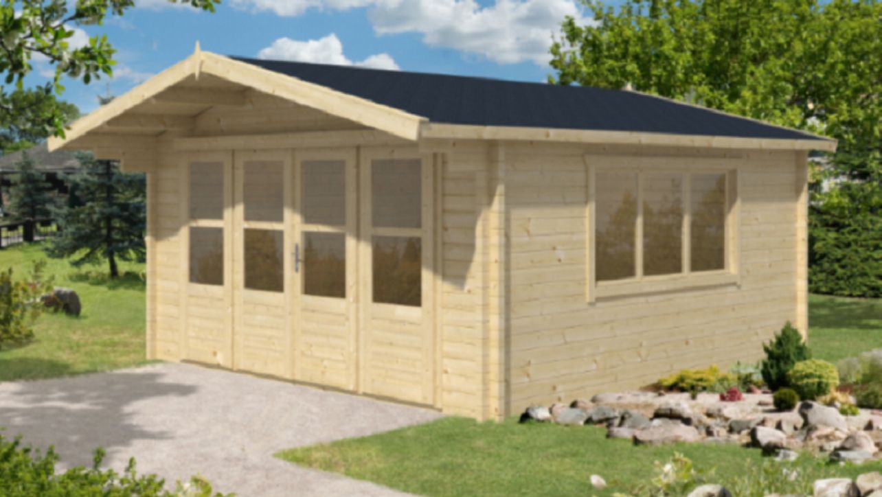 Gartenhaus Blockhütte Southampton Vordach 60cm Isolierverglast 58mm 540cm x 540cm