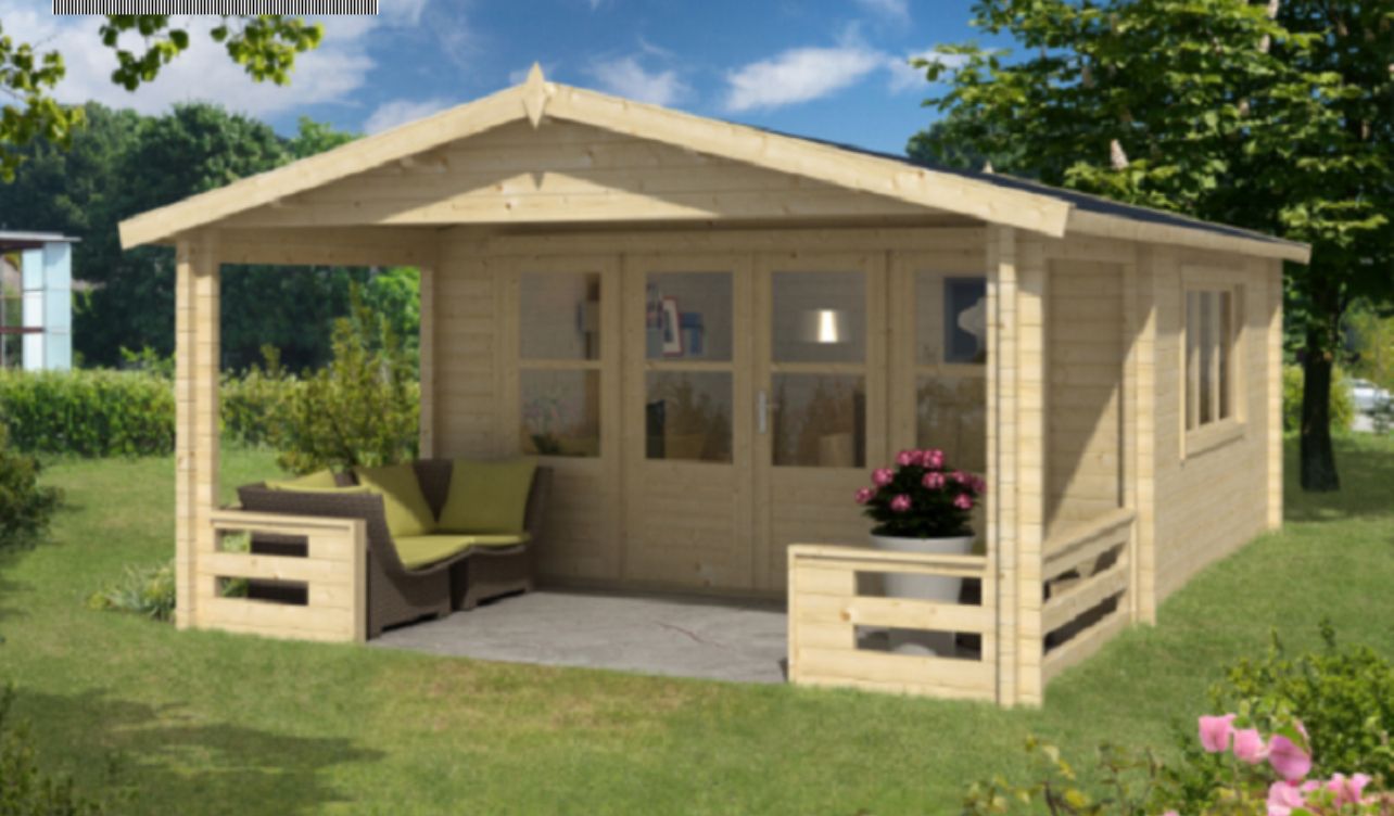 Gartenhaus Blockhütte Nottingham Vordach 200cm Isolierverglast 58mm 440cm x 540cm