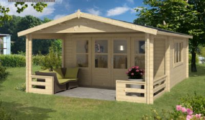 Gartenhaus Blockhütte Nottingham Vordach 200cm Isolierverglast 58mm 440cm x 540cm