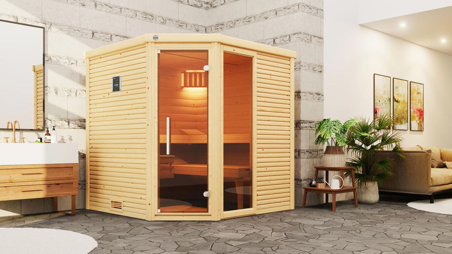 weka Massivholzsauna CUBILIS ECK Gr.2, Rundum-Sorglos-Paket  (Lieferung, Aufbau, Licht)
