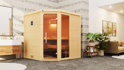 weka Massivholzsauna CUBILIS ECK Gr.2, Rundum-Sorglos-Paket  (Lieferung, Aufbau, Licht)
